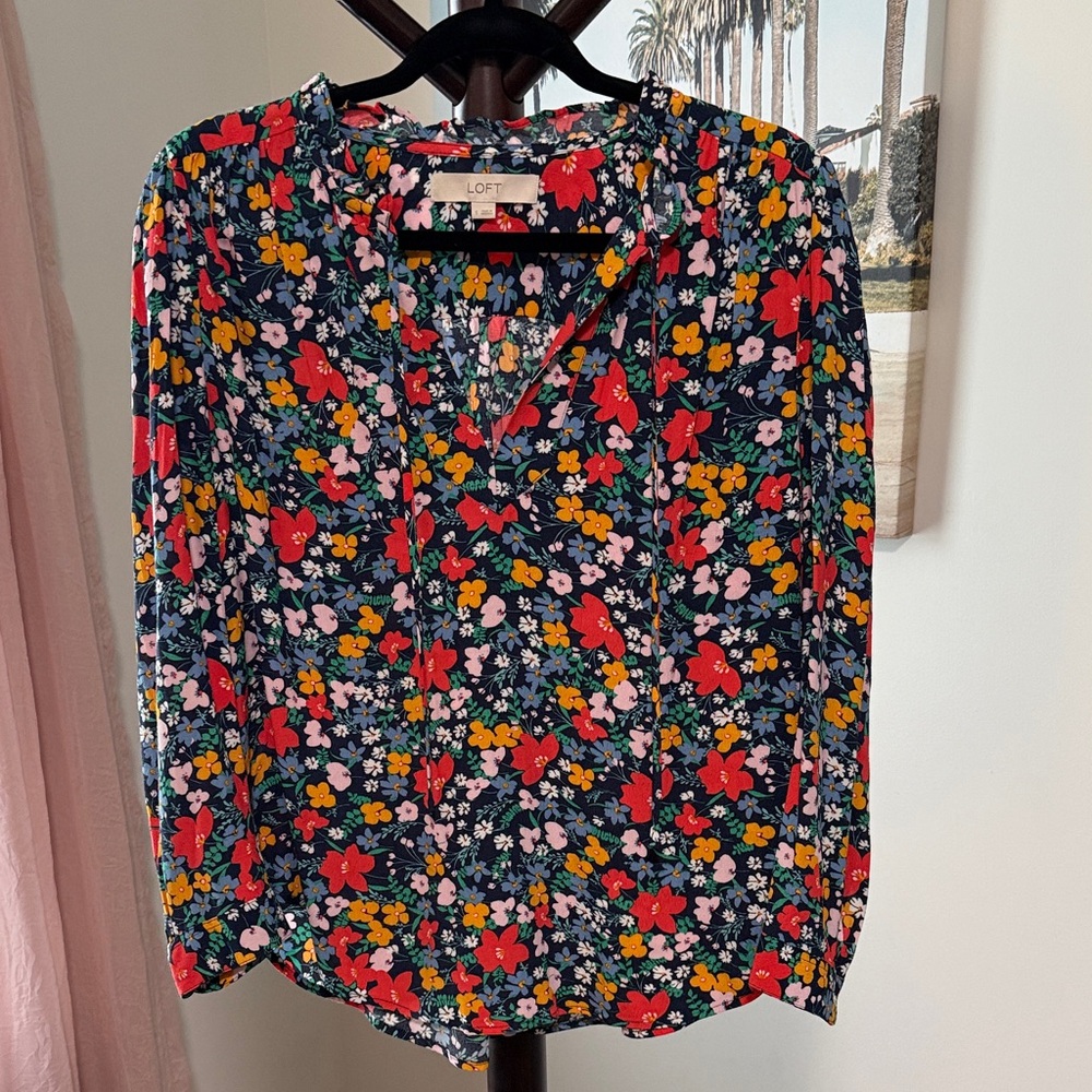 LOFT Navy Floral Skirt with Coral and Yellow Accents